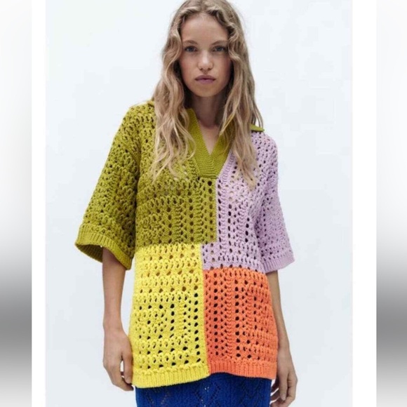 Zara Oversized Colorblock Patchwork Crochet Chunky Knit Granny Square Sweater S - Picture 5 of 15